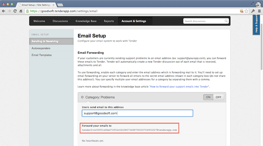 Screenshot of the email setup screen